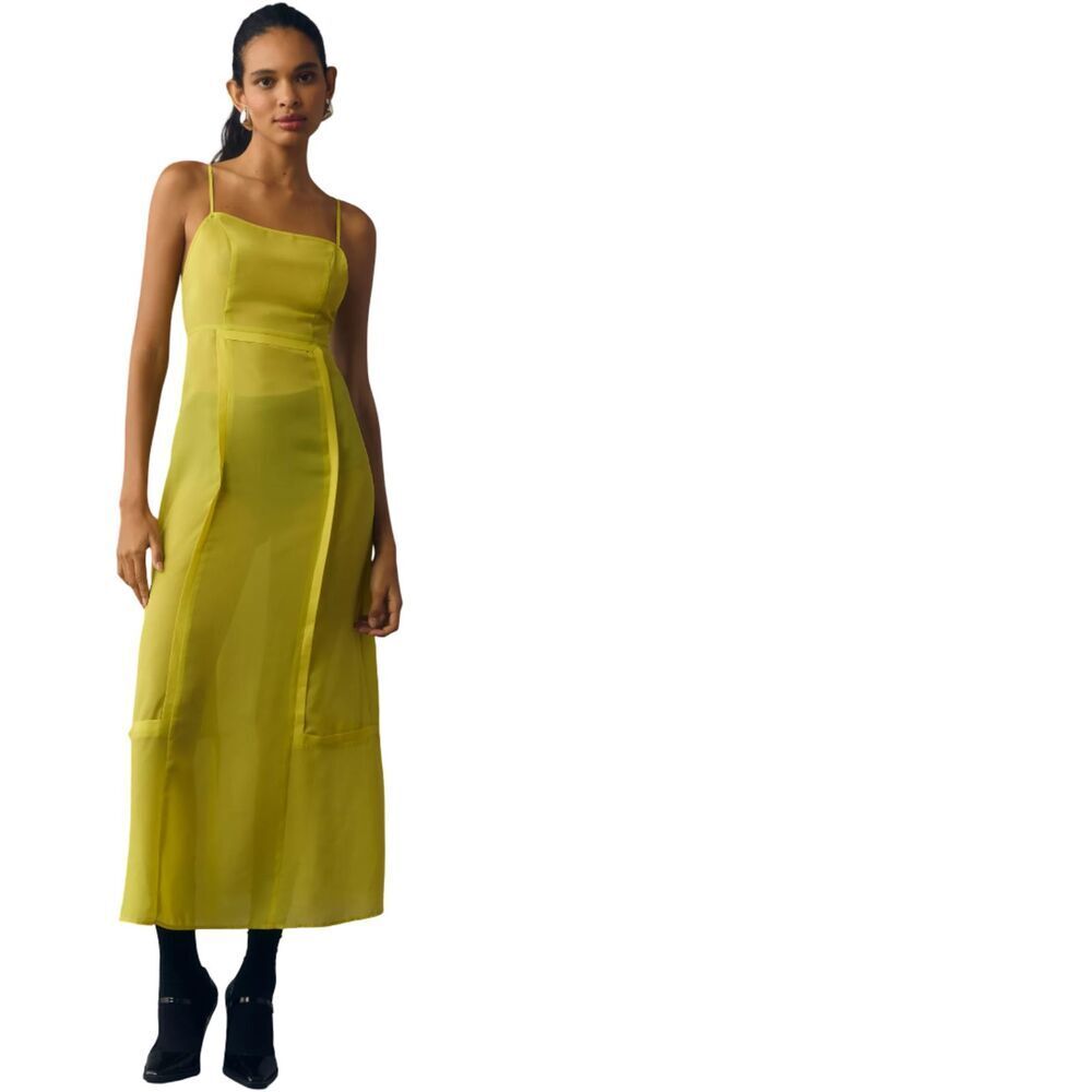 By Anthropologie NWOT Sheer Paneled Midi Dress Chartreuse Yellow Layered Sz 6